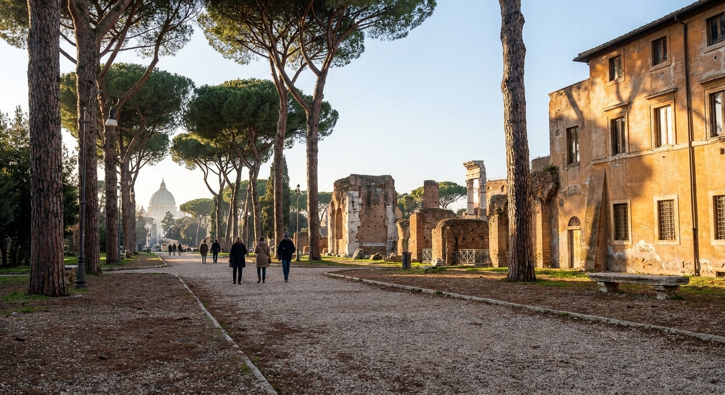 Umbrella pines and gravel paths in a Roman park on a clear winter afternoon