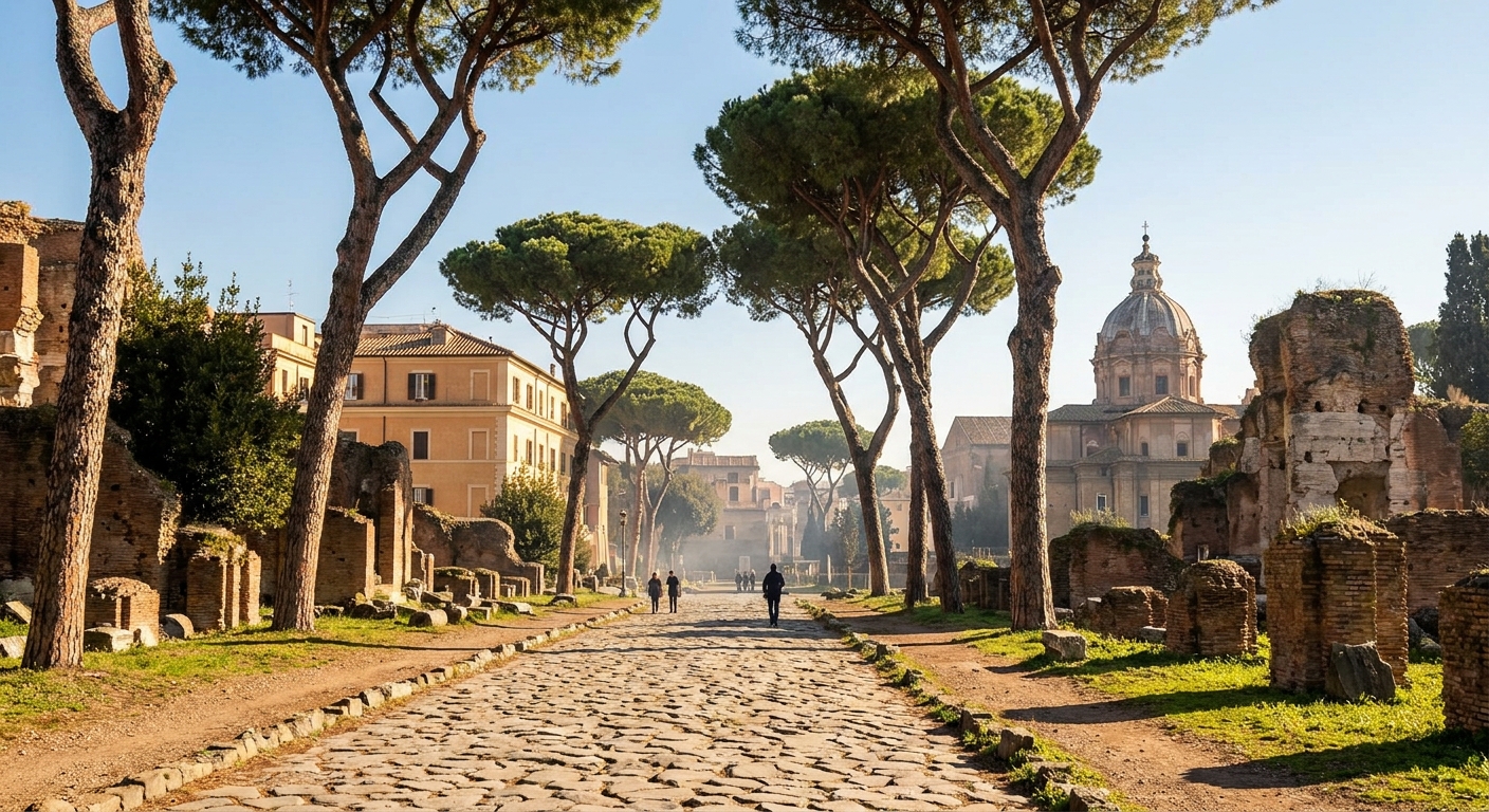 Stone pines and ruined brick walls along a straight ancient road outside Rome in bright sunlight