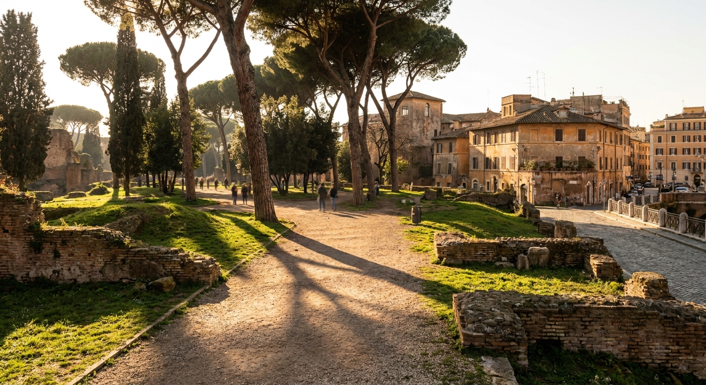 Umbrella pines casting long shadows over a gravel path in a large city park at golden hour