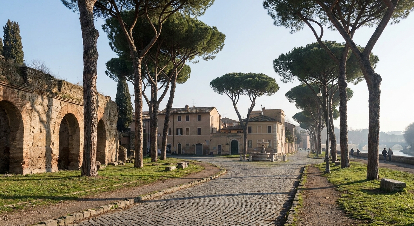 Umbrella pines lining a cobbled ancient road on the outskirts of Rome under a clear sky
