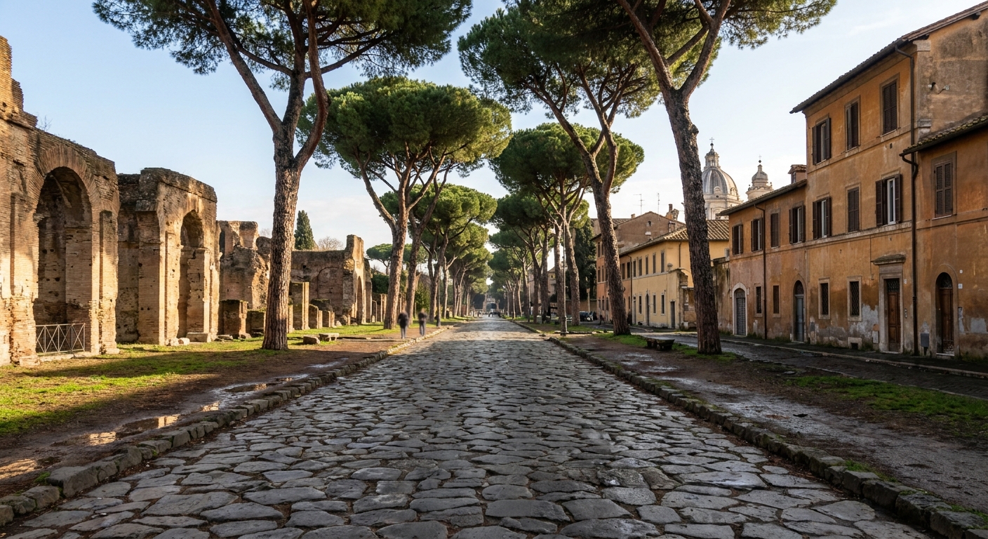 Ancient paving stones and stone pines along a straight Roman road