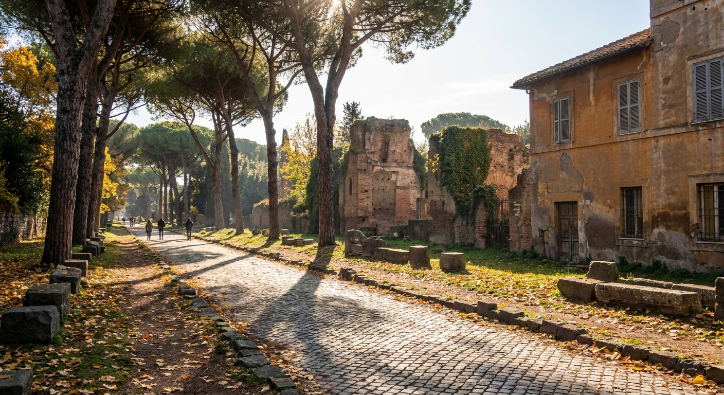 Umbrella pines lining a cobbled section of the Appian Way in autumn light