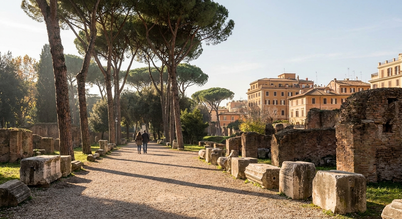 Umbrella pines and gravel paths in a large Roman park under clear autumn sky