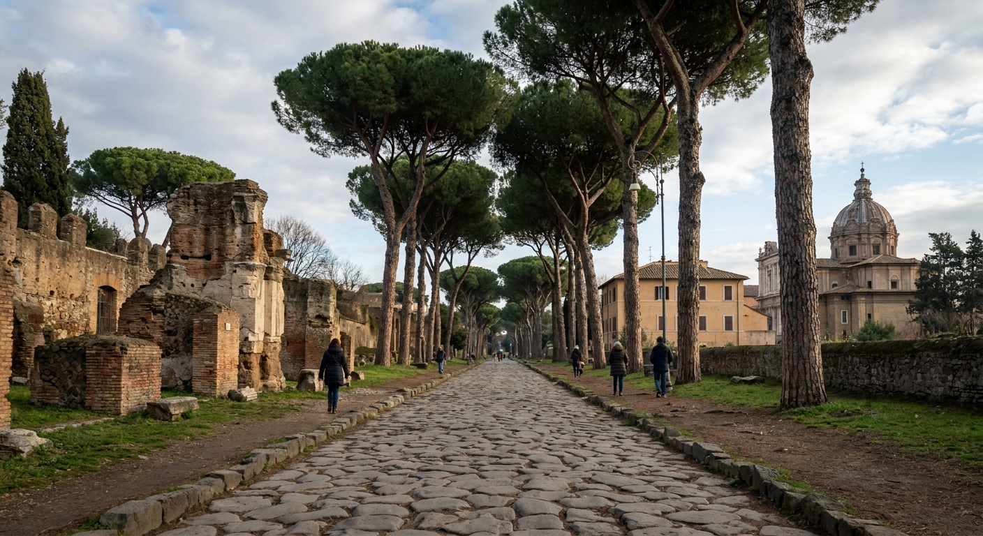 Umbrella pines lining the ancient paving stones of the Via Appia Antica