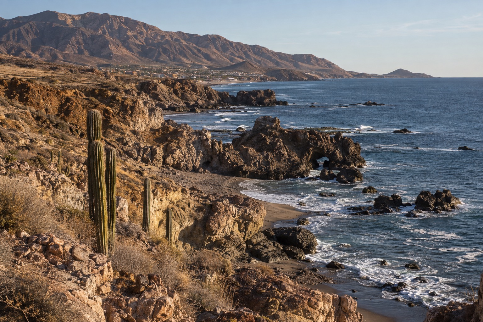 Pacific shoreline and oceanfront at Rosarito, Baja California, in soft afternoon light
