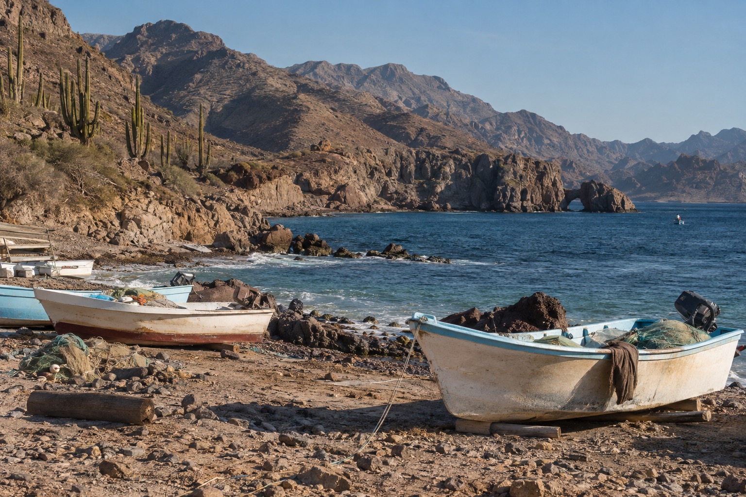 Small fishing boats pulled up on a beach on the Baja California coast