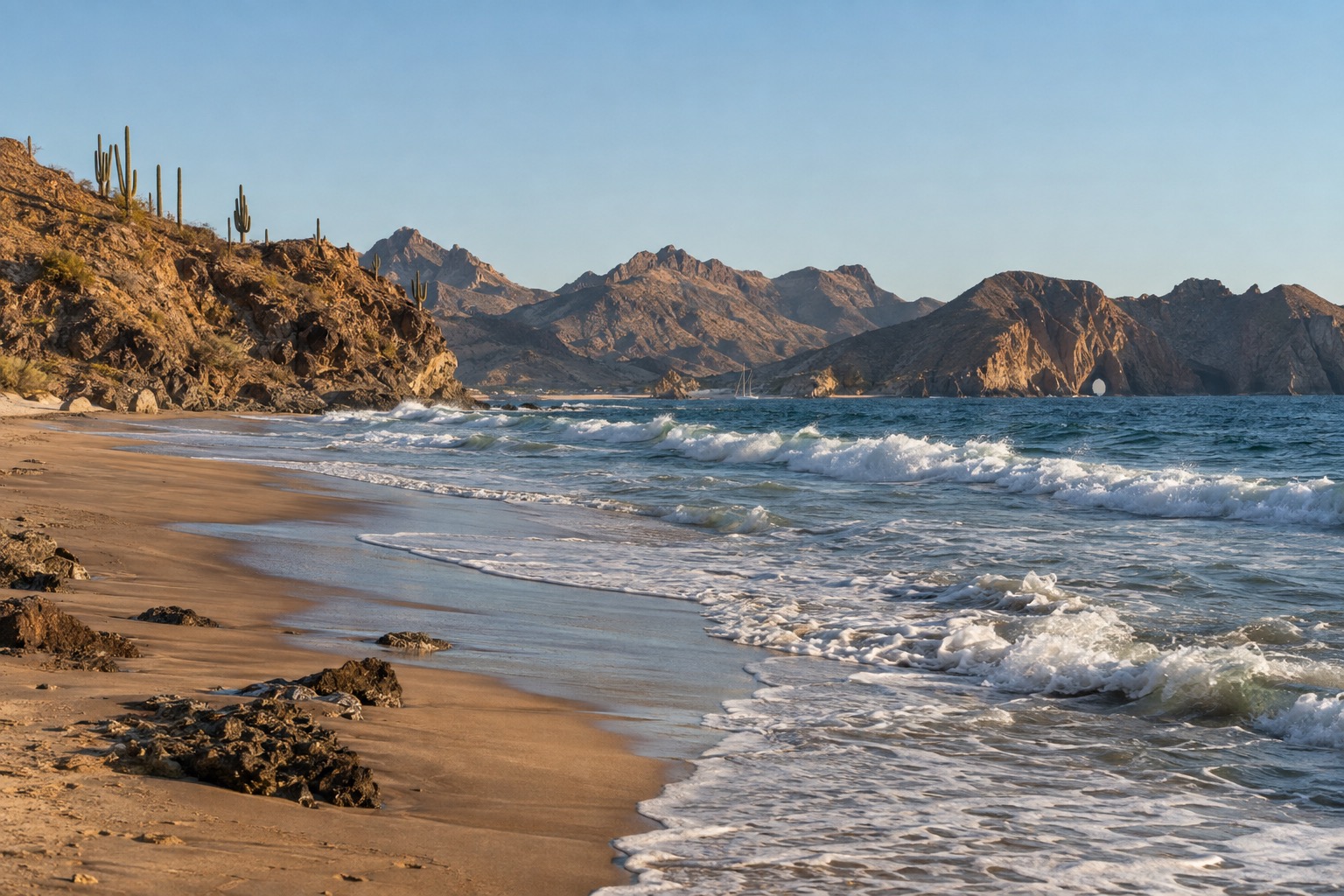 Waves rolling onto a wide sandy beach in front of a Mexican coastal town under a clear sky