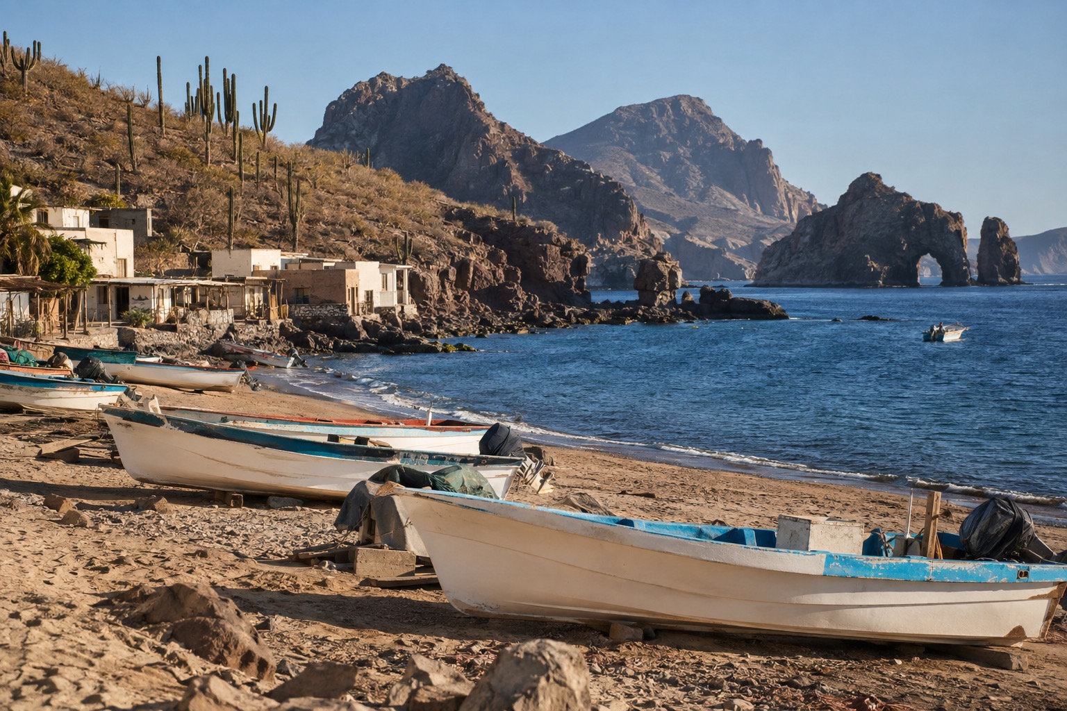 Small fishing boats pulled up on the sand beside a coastal village in clear daylight