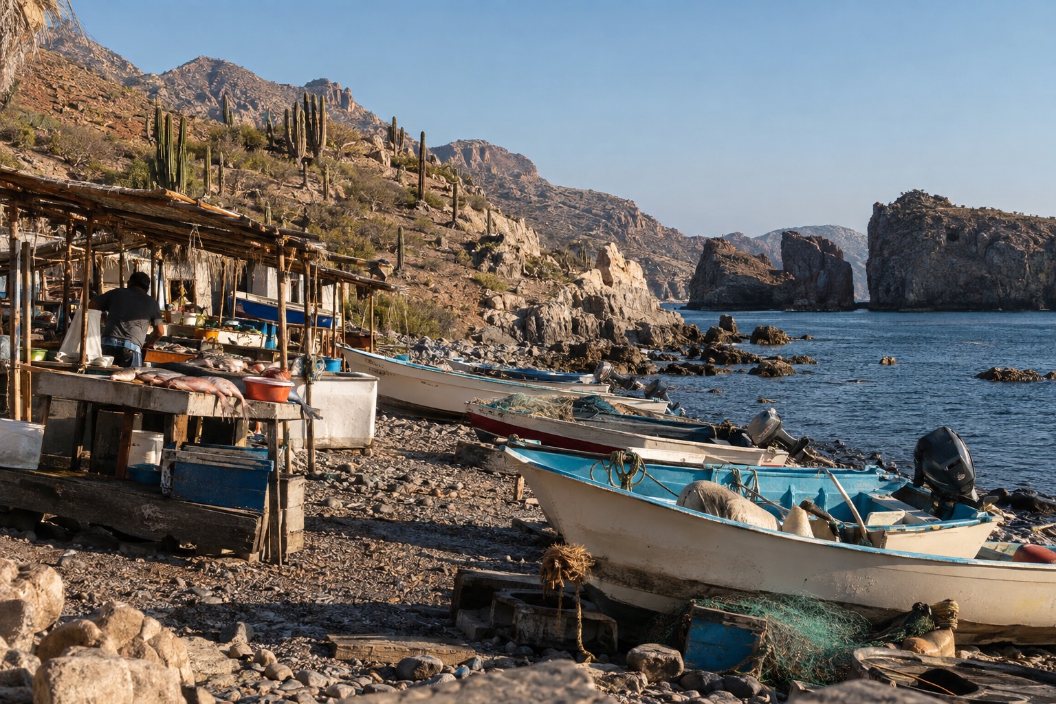 Small fishing boats pulled up on a rocky shore beside a row of low seafood stalls