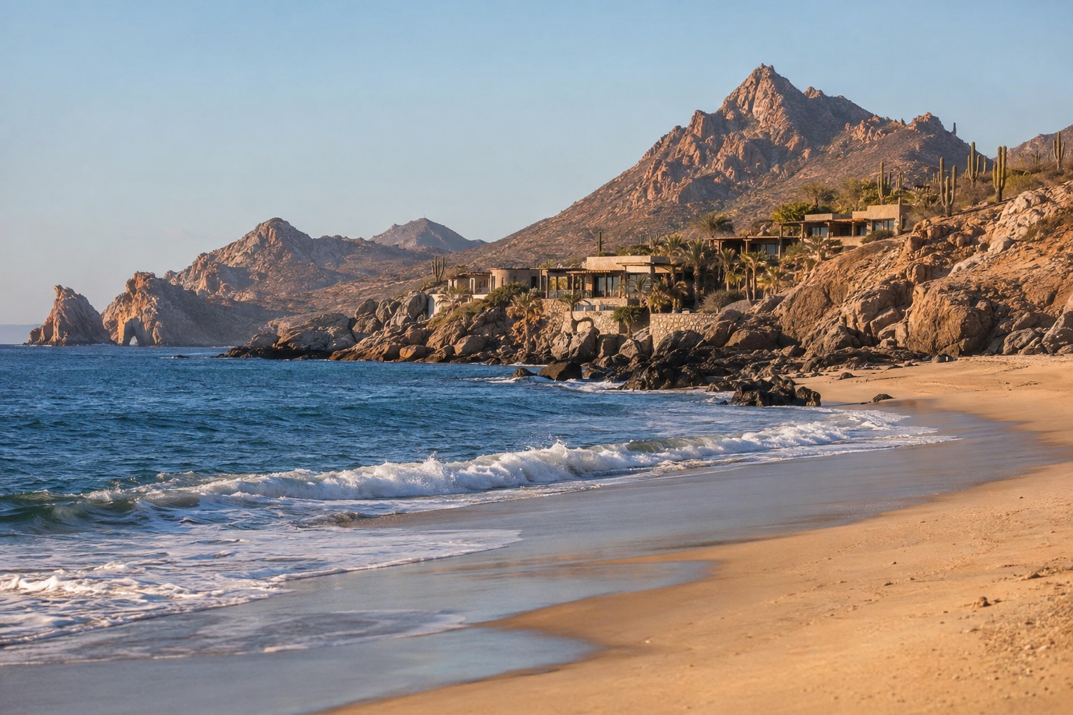 Wide sandy beach with low surf and a strip of buildings behind it under a pale sky