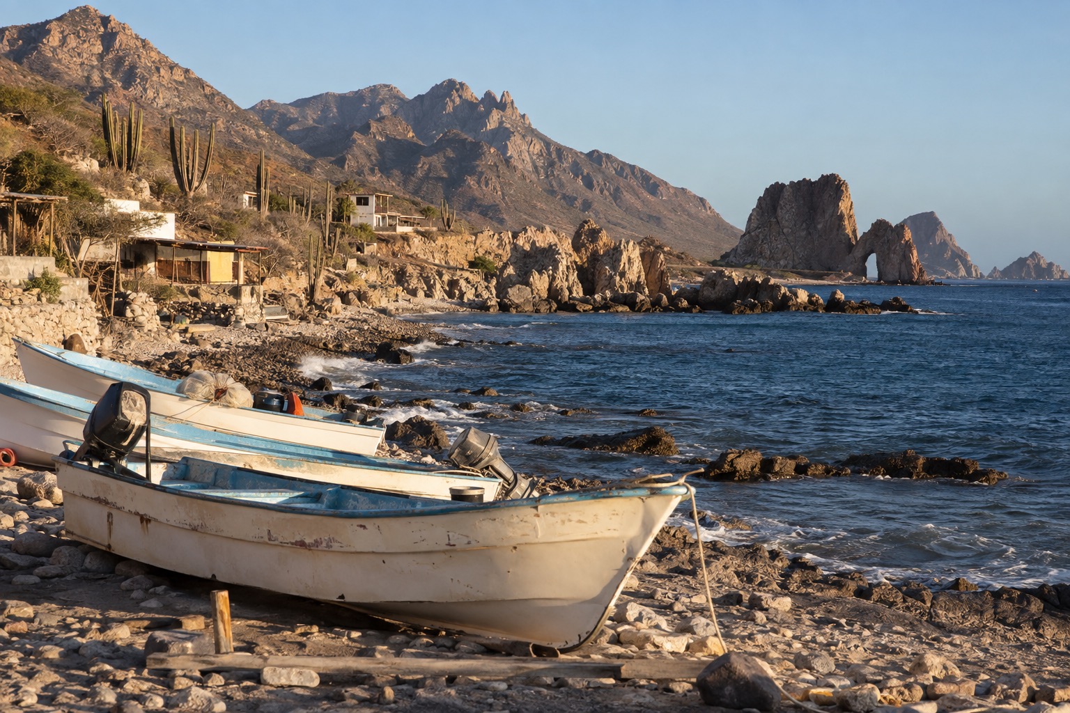 Small fishing boats pulled up on a rocky shore beside a coastal village