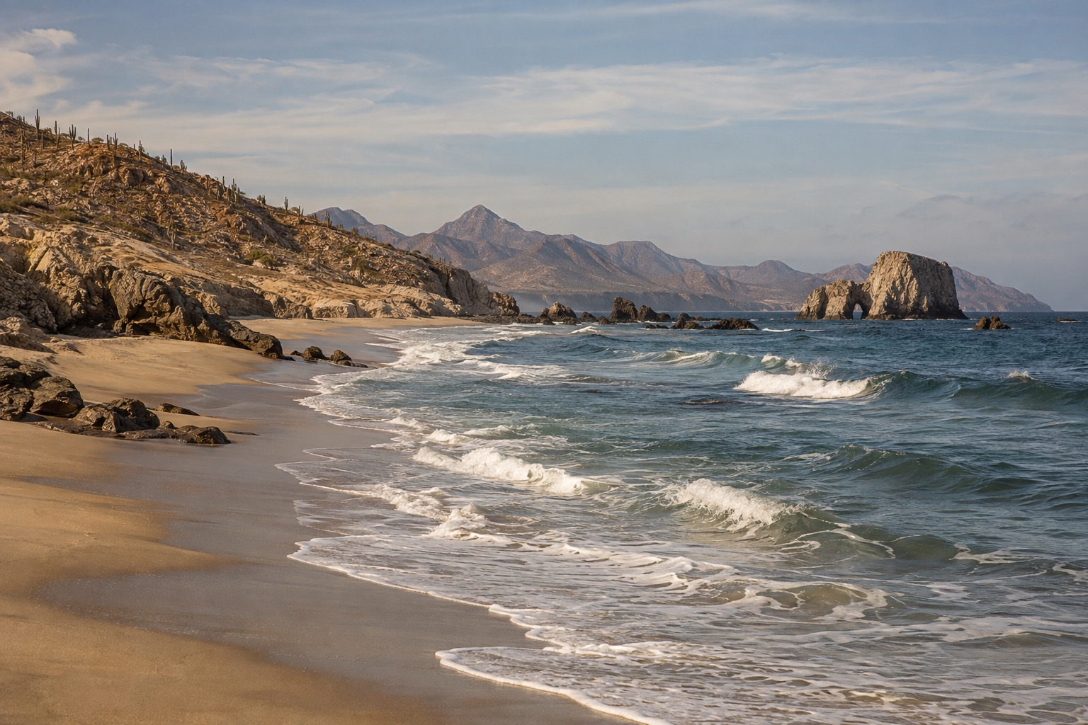 Waves rolling onto a wide sandy beach on the Pacific coast of Baja California under a soft gray-blue sky
