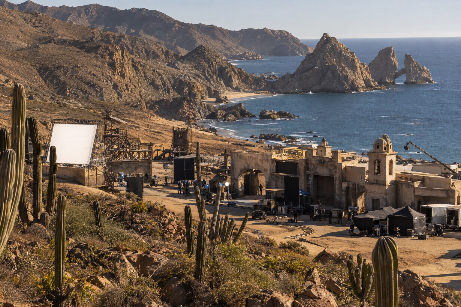 A large film studio complex beside the ocean on the Baja California coast