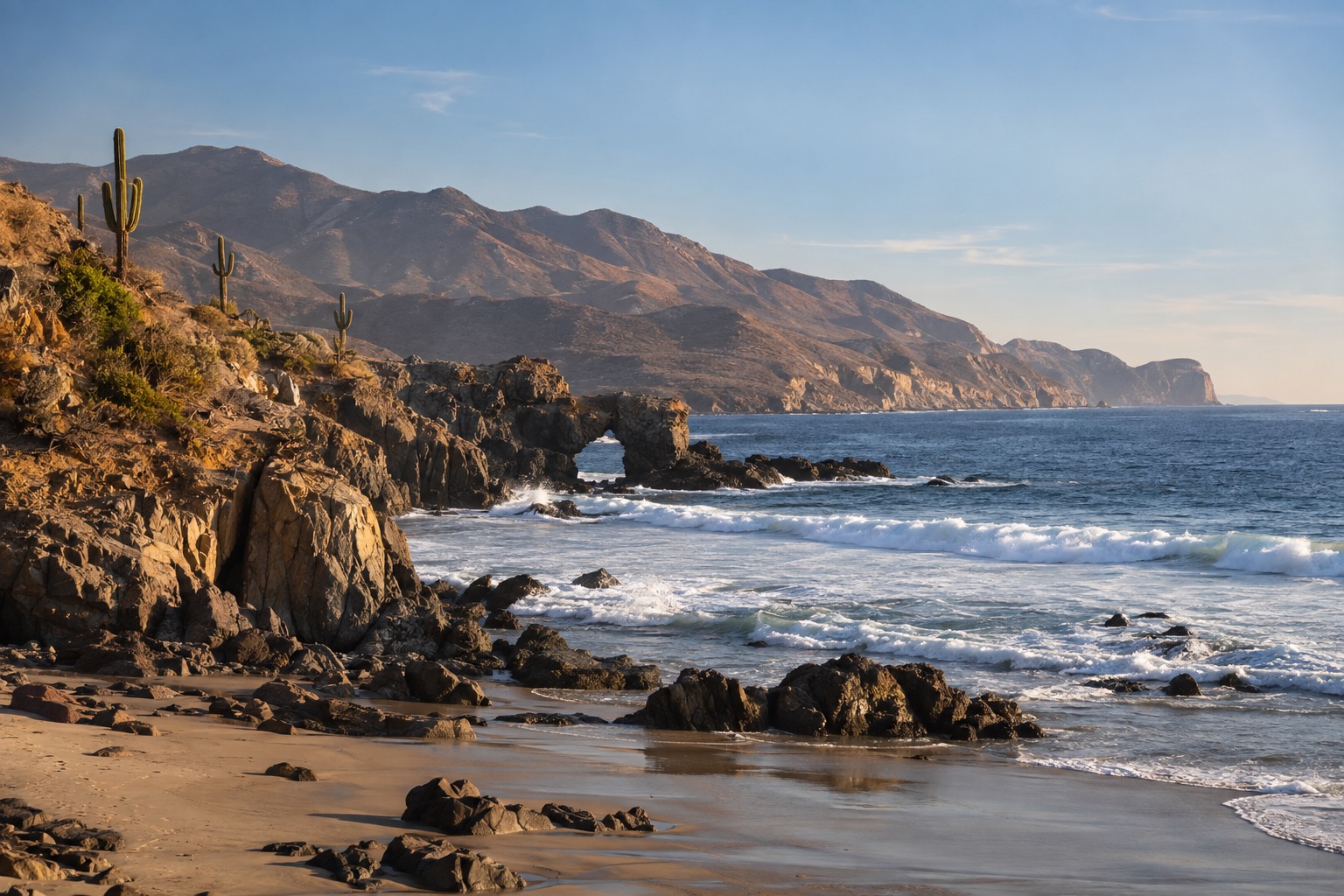 Sandy beach and Pacific surf along the Rosarito oceanfront in warm afternoon light