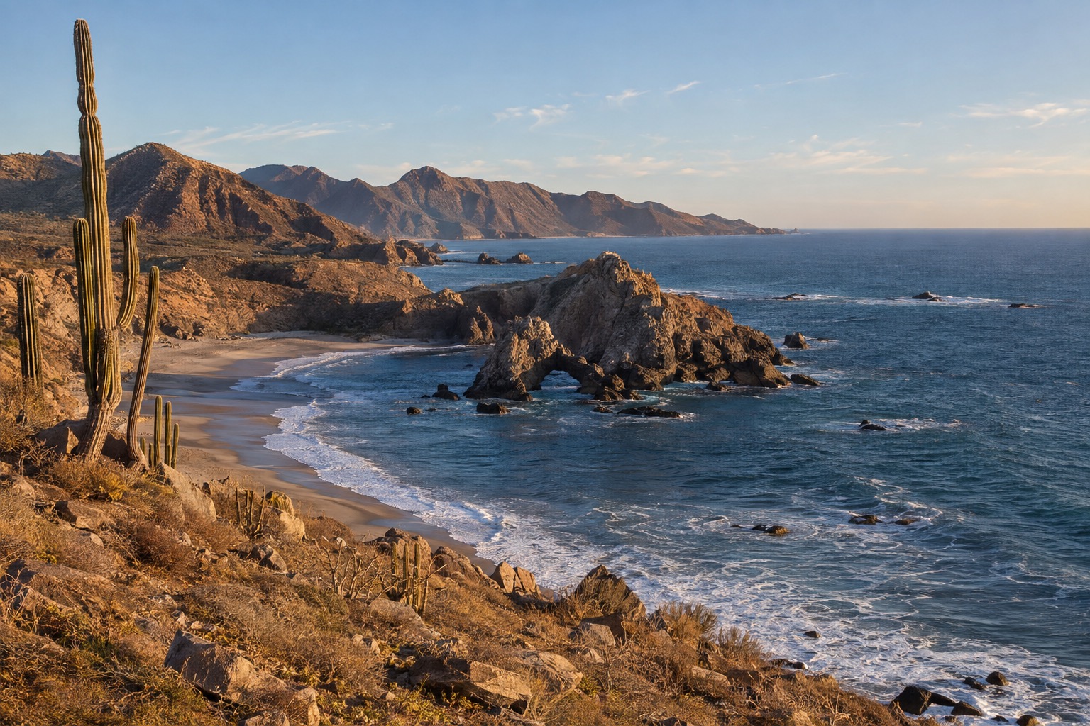 Coastline with sand and Pacific water near Rosarito, Baja California