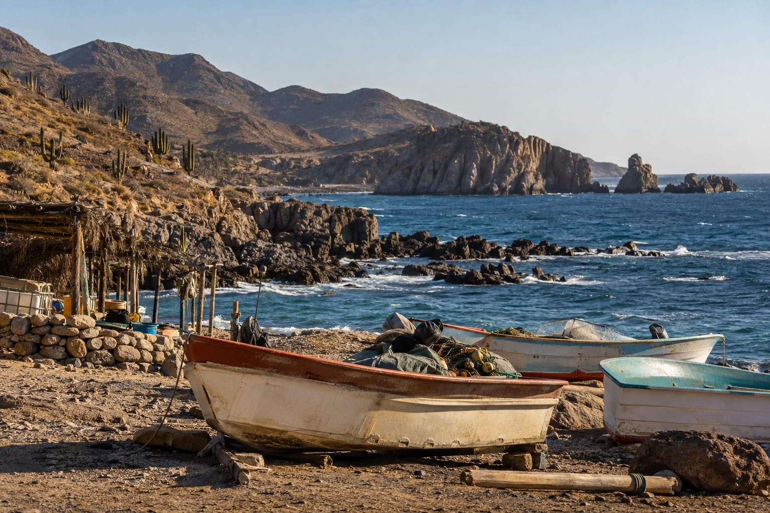 Small fishing boats pulled up on the shore of a Pacific coast village near Rosarito