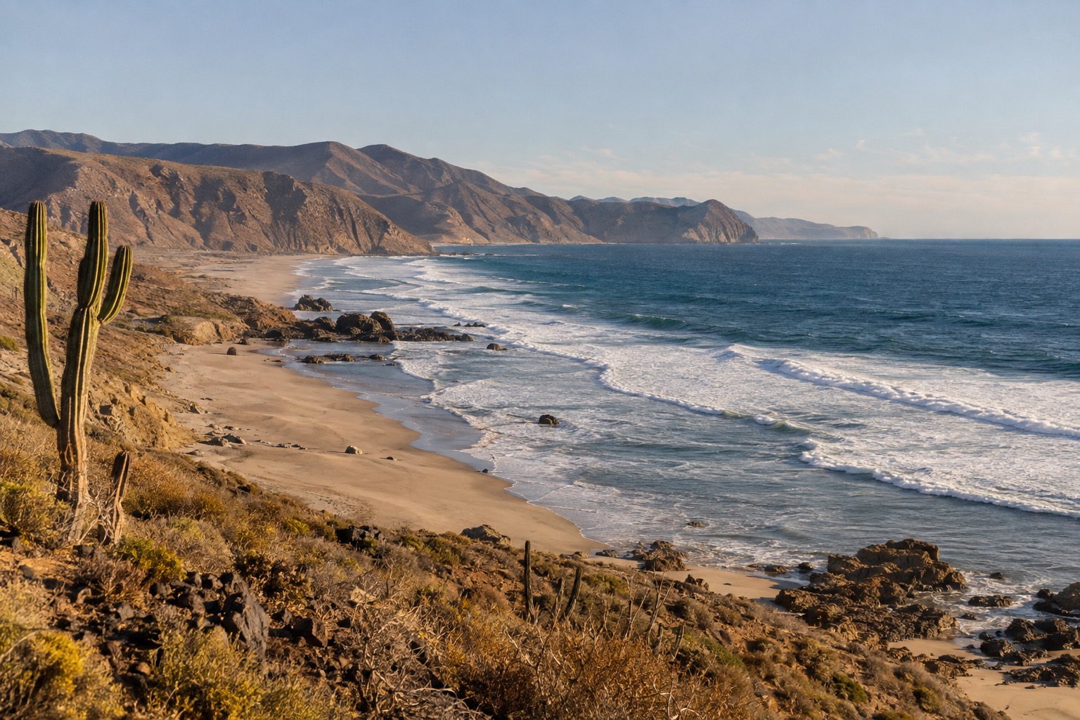 Waves rolling onto a wide sandy beach along the Rosarito oceanfront under a pale morning sky