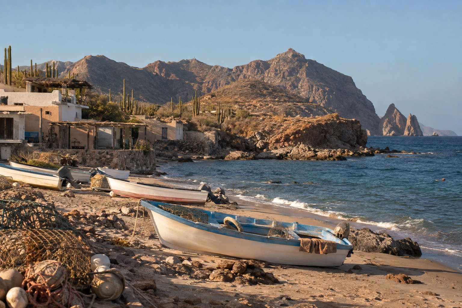 Small fishing boats pulled up on the shore of a coastal village with low buildings behind