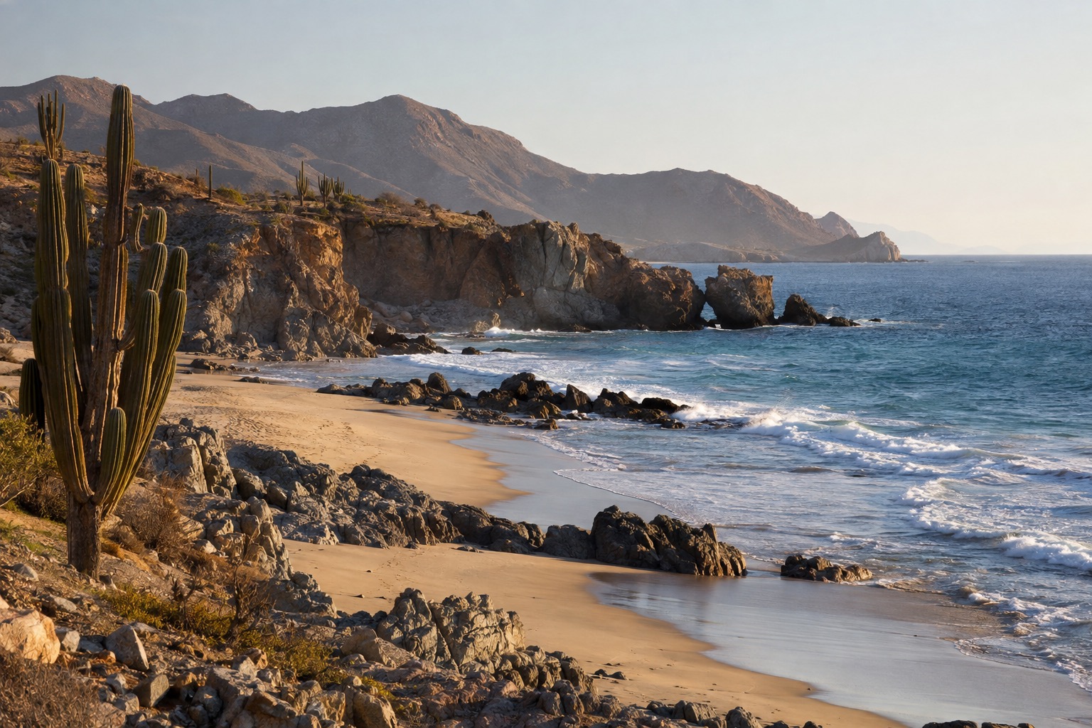 A wide sandy beach with gentle surf under a pale sky along the Baja California coast