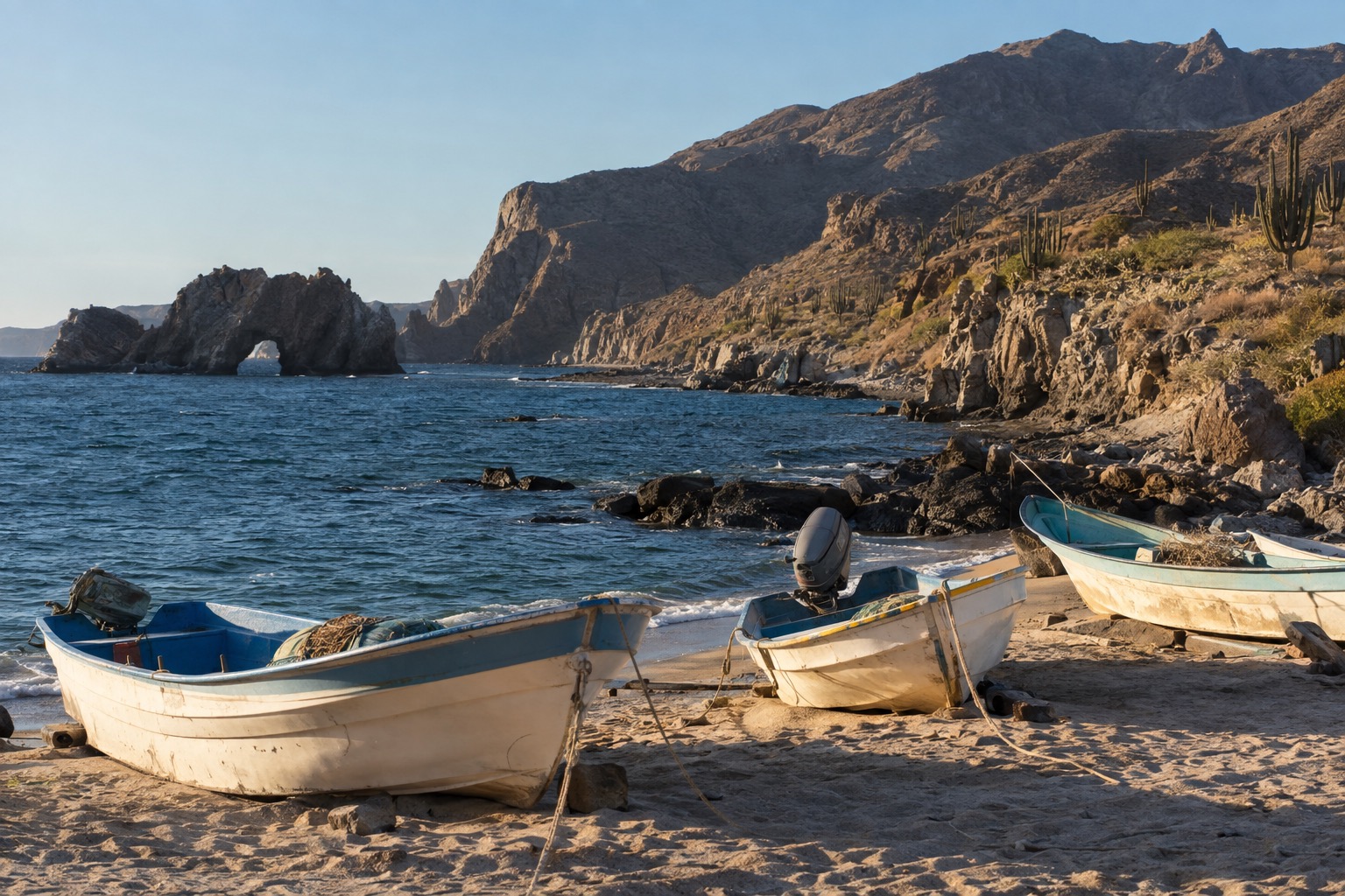Small fishing boats pulled up on a sandy beach in a Baja California village