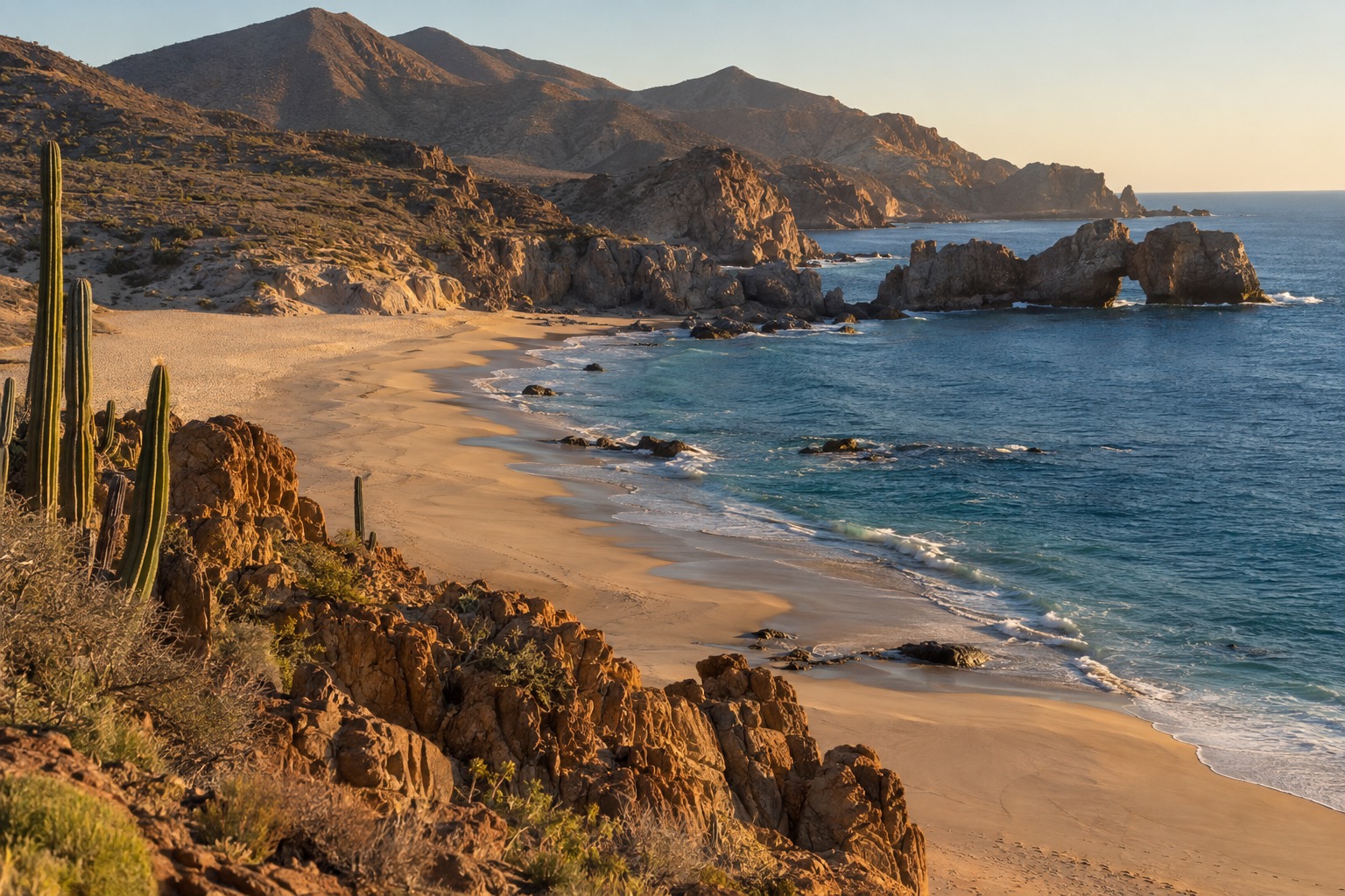 Wide sandy beach with low sun and a long empty stretch of shoreline on the Pacific coast