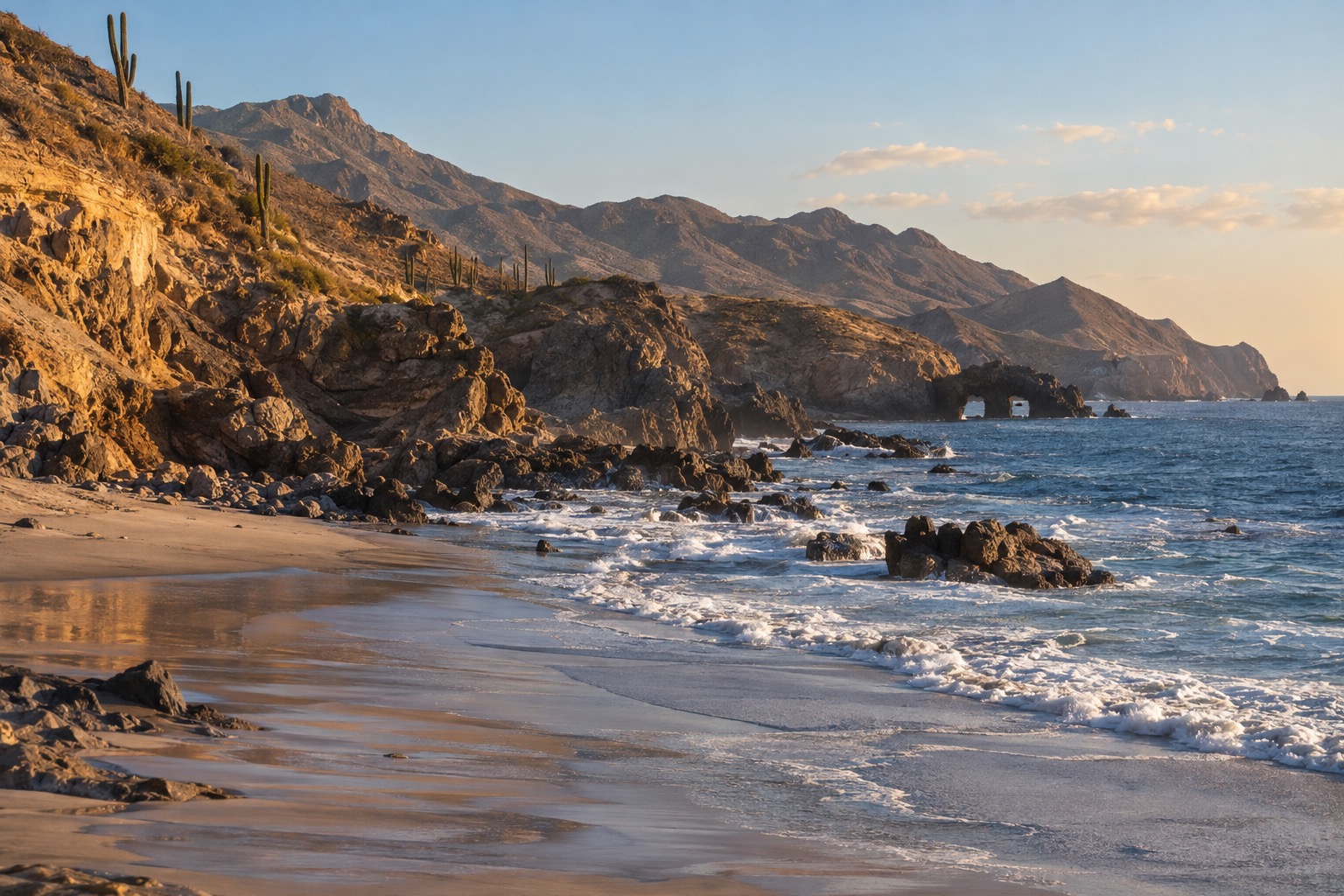 Pacific shoreline at Rosarito with waves reaching a wide sandy beach in late afternoon light