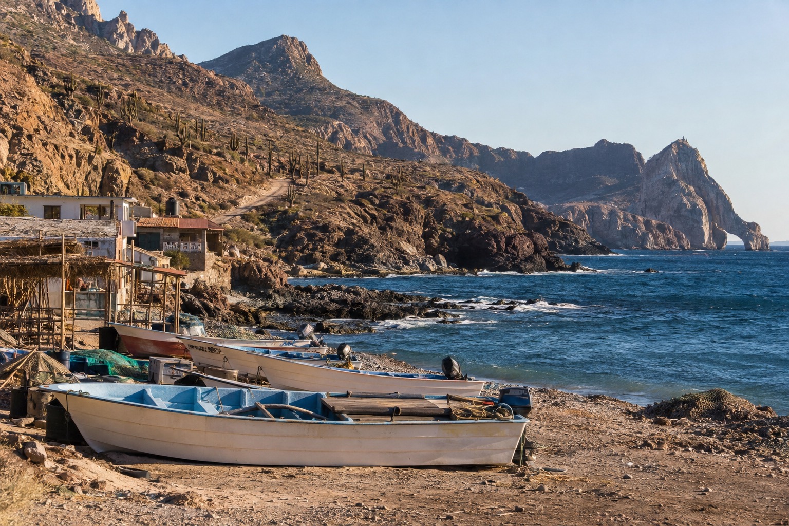 Fishing boats pulled up on the shore near a small coastal village in Baja California