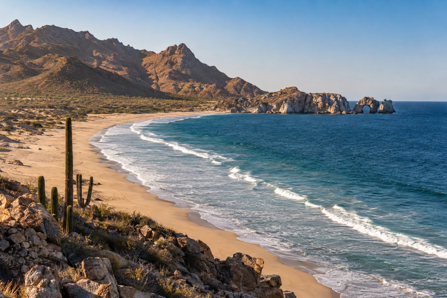Waves rolling onto a wide sandy beach along a town oceanfront under a clear sky