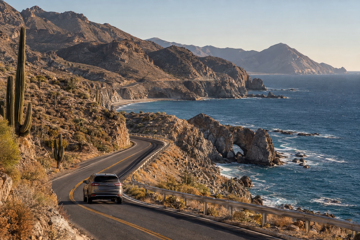 A two-lane coastal highway running above a rocky Pacific shoreline