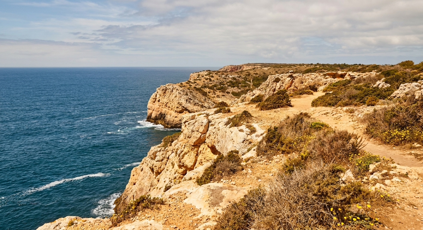 Low cliffs and green headland scrub at the Sagres promontory under spring cloud