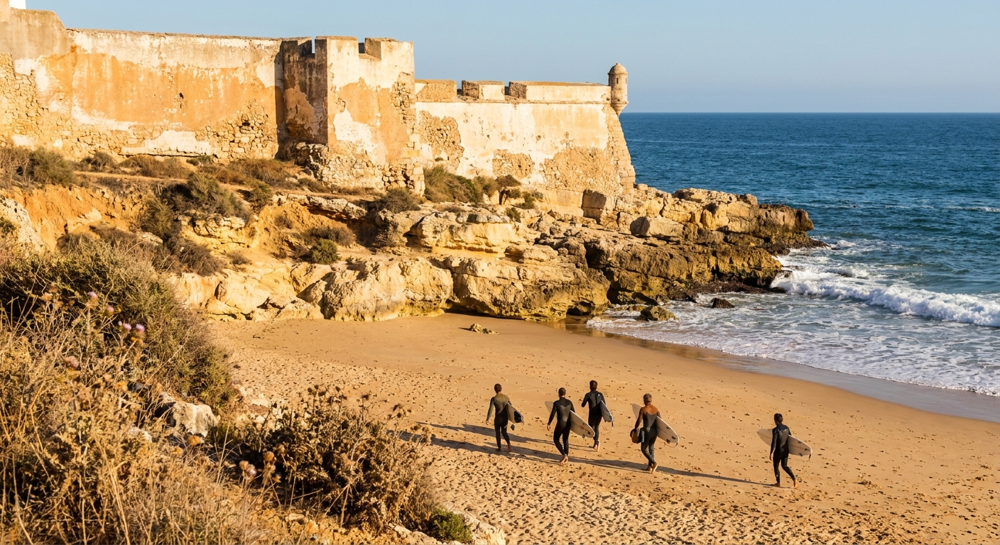 Surfers in wetsuits carrying boards across a west-facing beach below a fortress wall