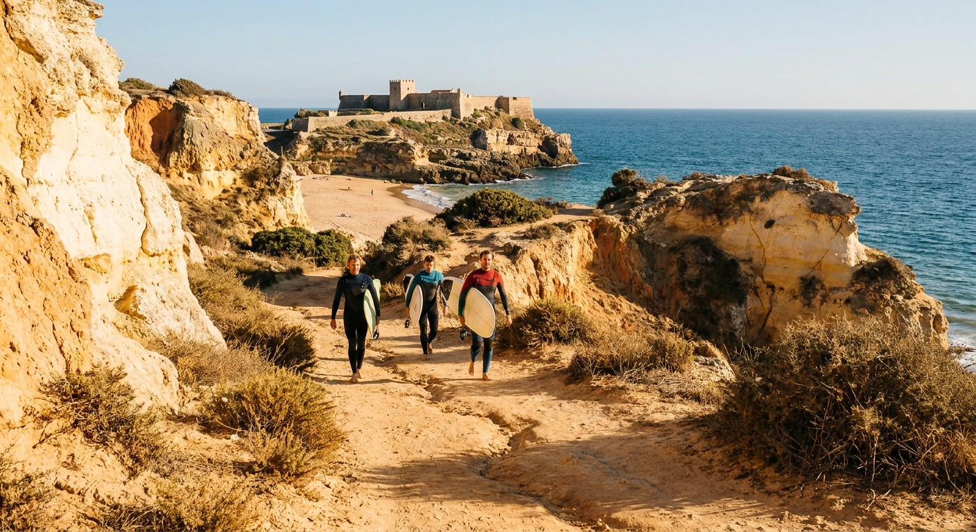 A west-facing sandy beach below high cliffs with surfers waiting in the water