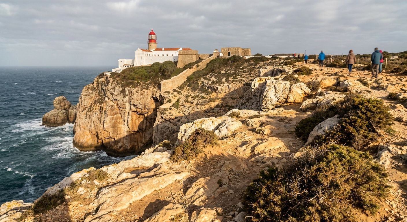 Wind-scoured cliffs and a lighthouse at Cabo de São Vicente under low winter cloud