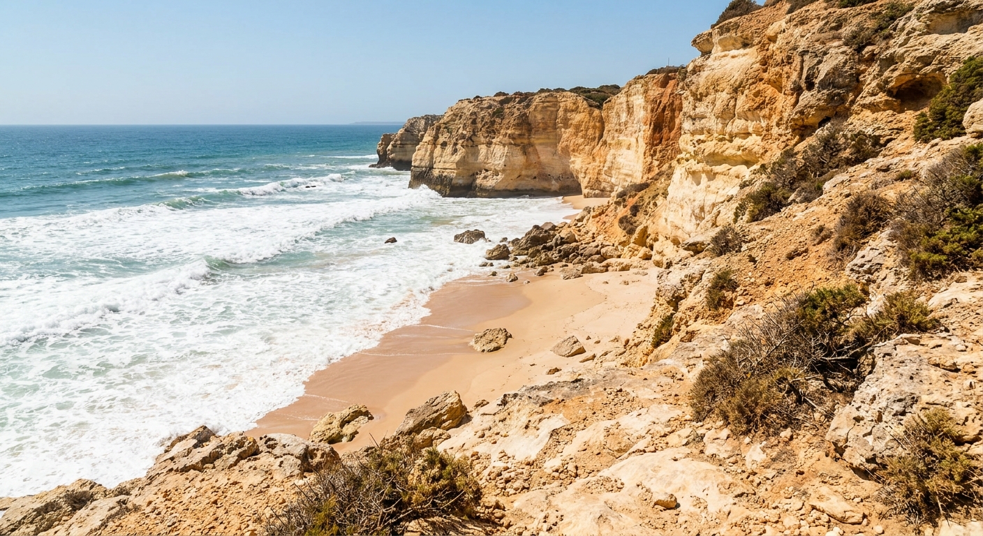 Waves breaking on an empty west-facing beach below sandstone cliffs near Sagres