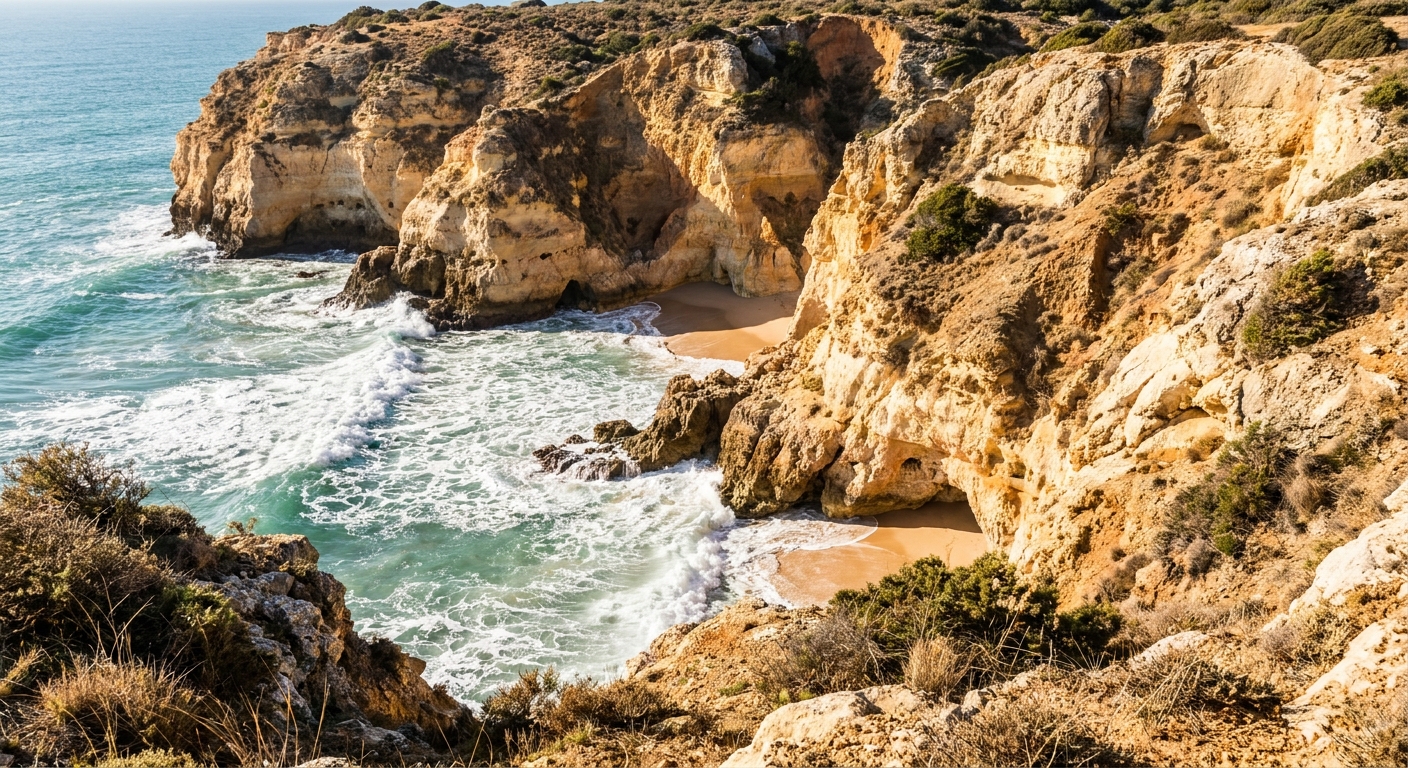 Sea cliffs at a headland under winter sun with waves breaking below
