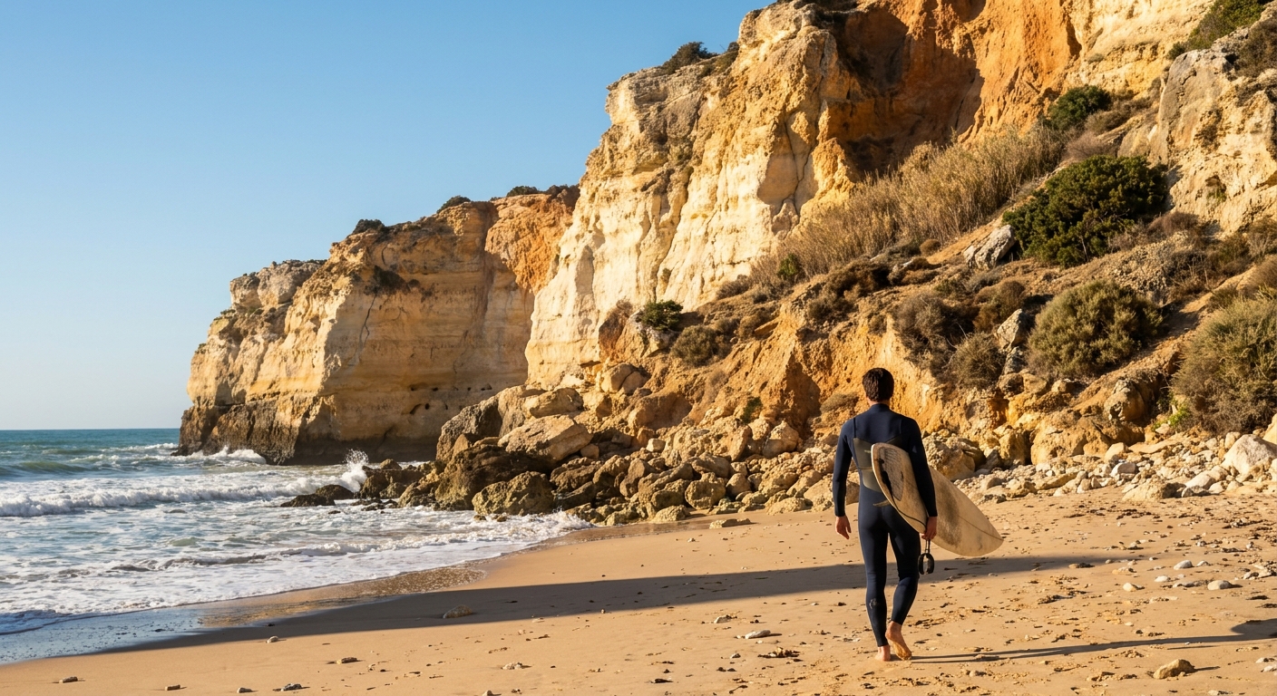 A surfer in a full wetsuit carrying a board across an empty winter beach