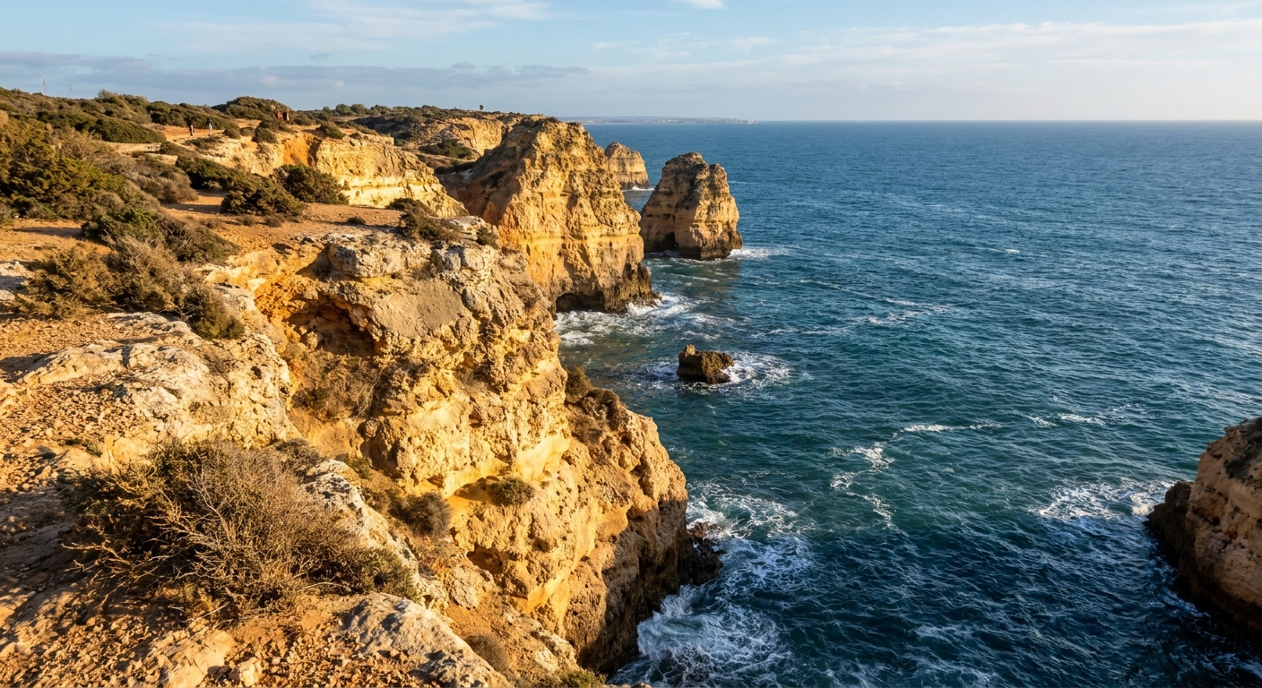 Sandstone cliffs west of Sagres dropping into the Atlantic under low winter sunlight