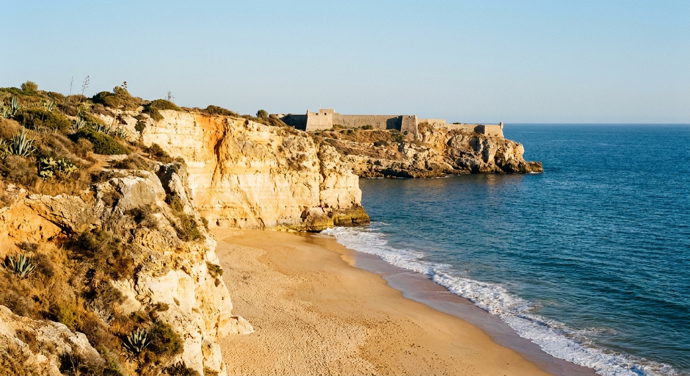 A wide empty beach below a rocky headland with a fortress wall on the skyline