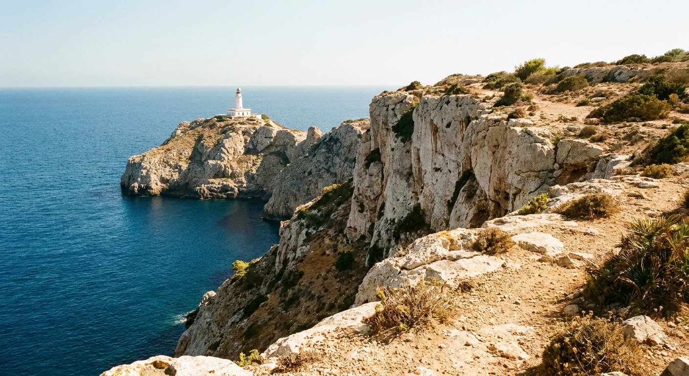 Sheer cliffs and a lighthouse at Cabo de São Vicente above the Atlantic in clear summer light