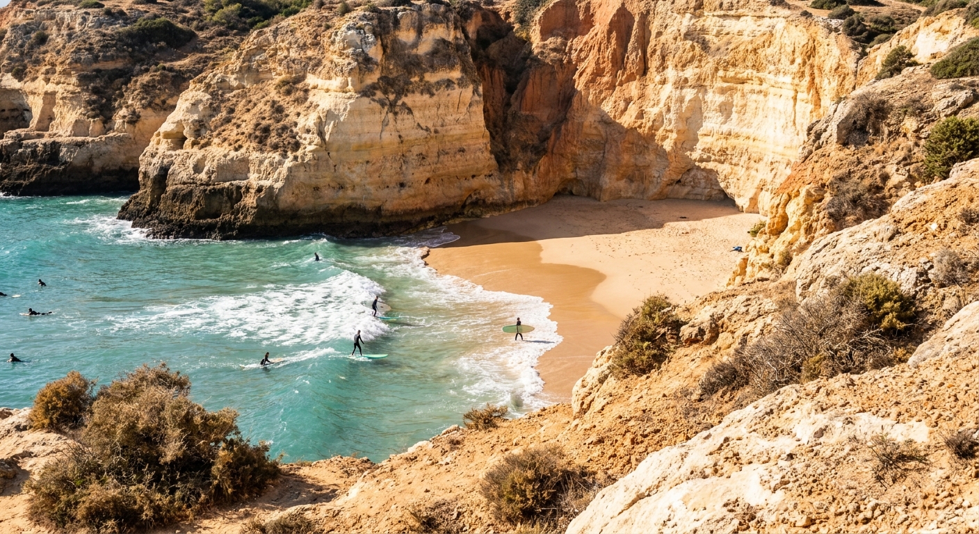 A sandy cove beach below tall cliffs near Sagres with a few surfers in the water