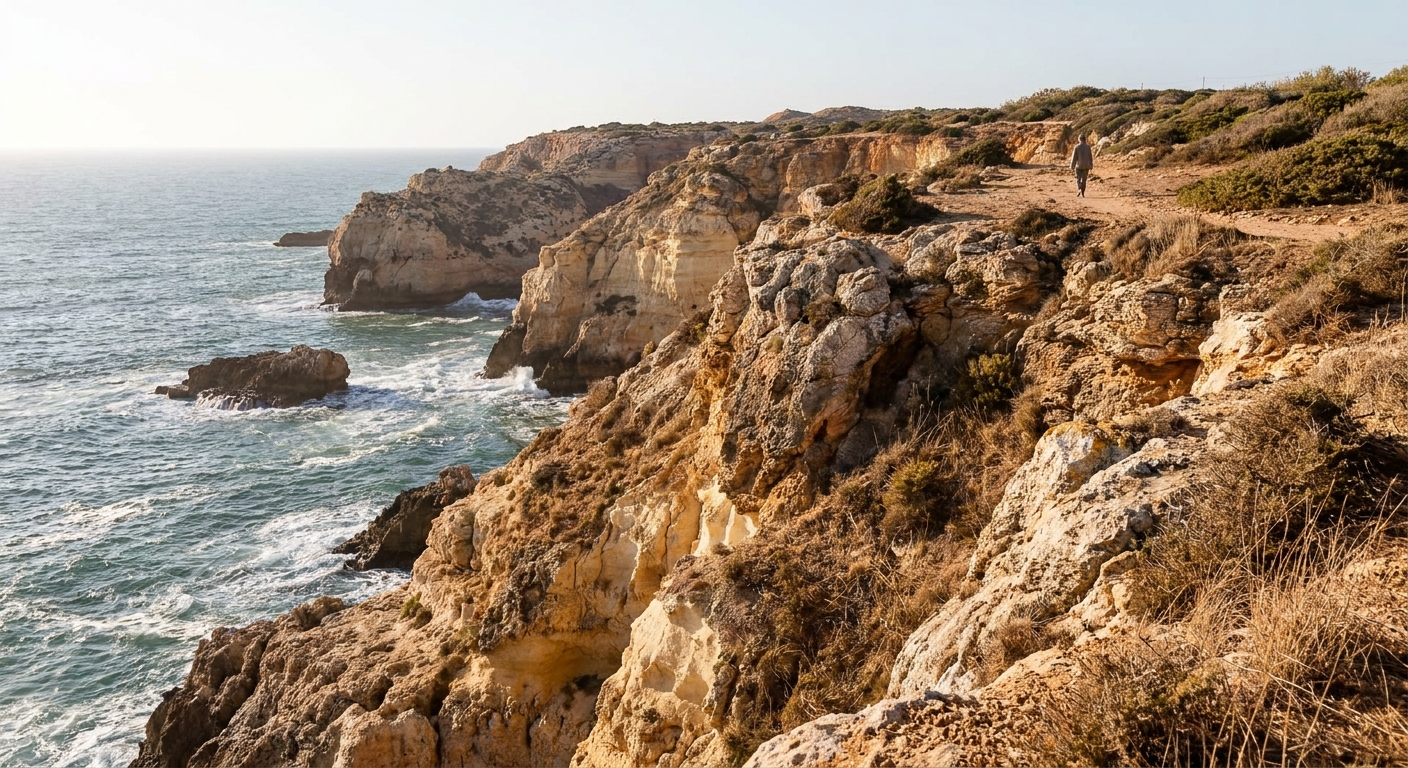 Sandstone cliffs at the south-western cape near Sagres with the Atlantic below