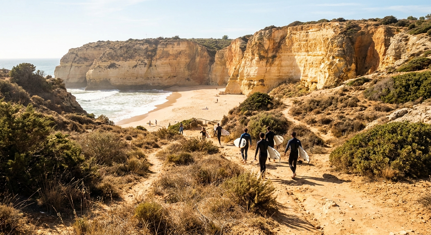 Surfers carrying boards down a sandy path toward a beach below cliffs near Sagres