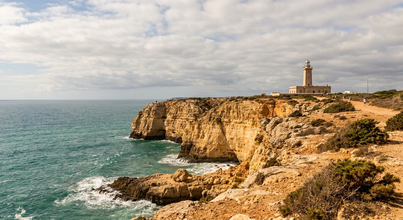 Sheer cliffs and a lighthouse on a headland above the Atlantic under broken cloud