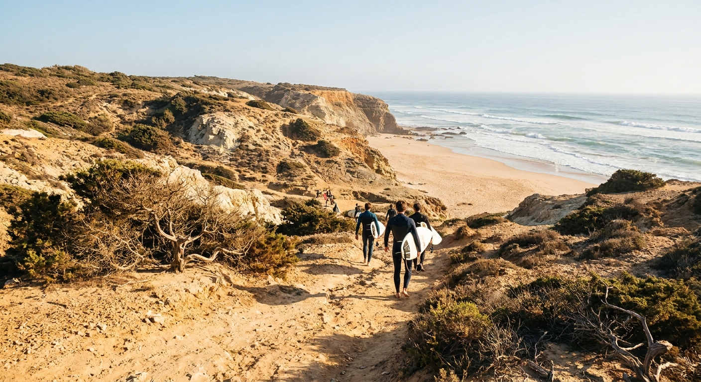 Surfers in wetsuits walking down a sandy path toward a west-facing beach below cliffs