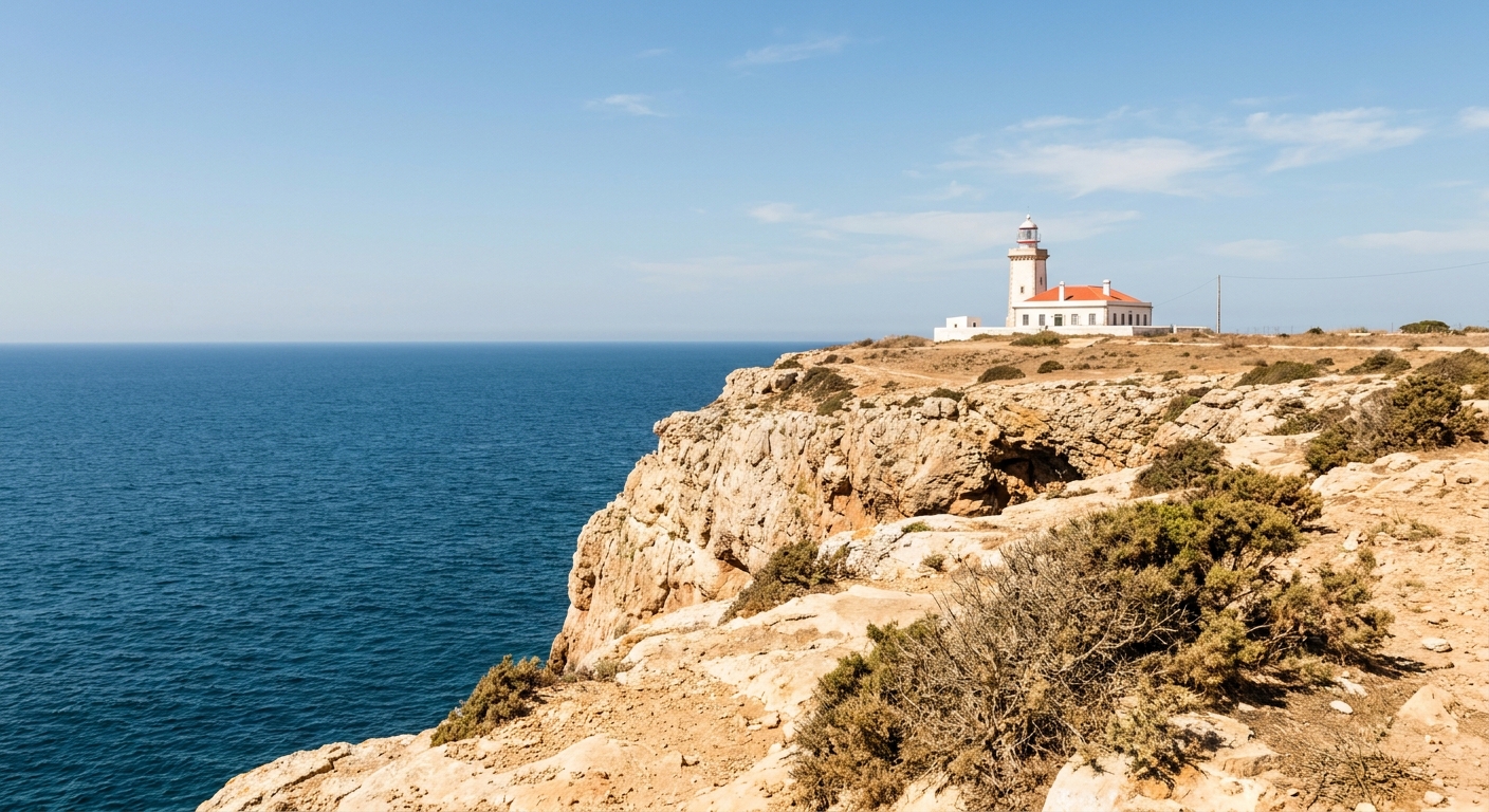 Cliffs and a lighthouse on a headland above the Atlantic at Cabo de São Vicente