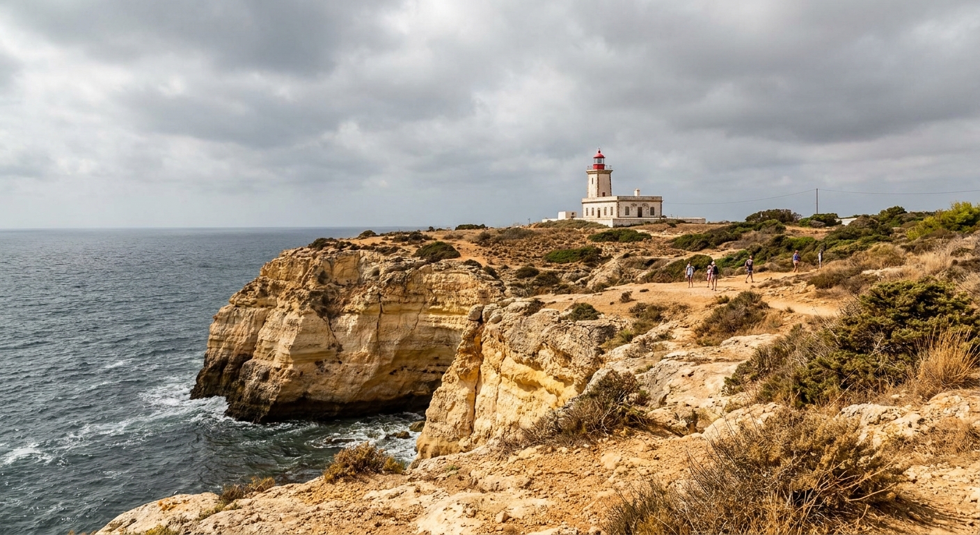 Sandstone cliffs and a lighthouse on a headland above the Atlantic under gray cloud