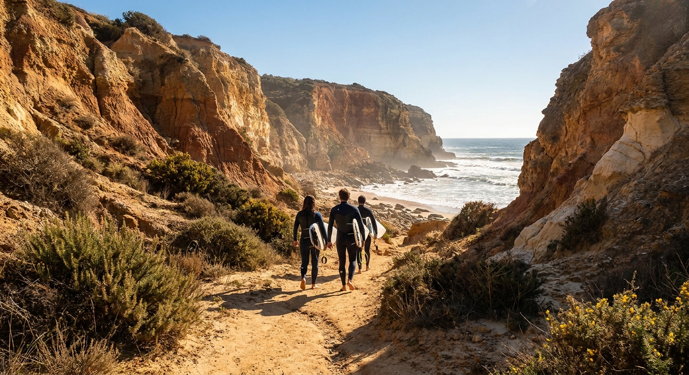 Surfers in full wetsuits walking down a sandy path to a beach beneath sandstone cliffs