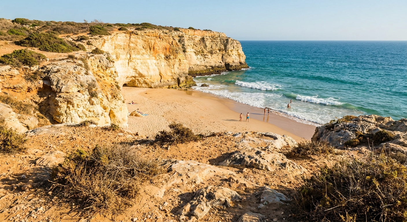 A sandy beach below low cliffs at Sagres with a handful of swimmers in the water