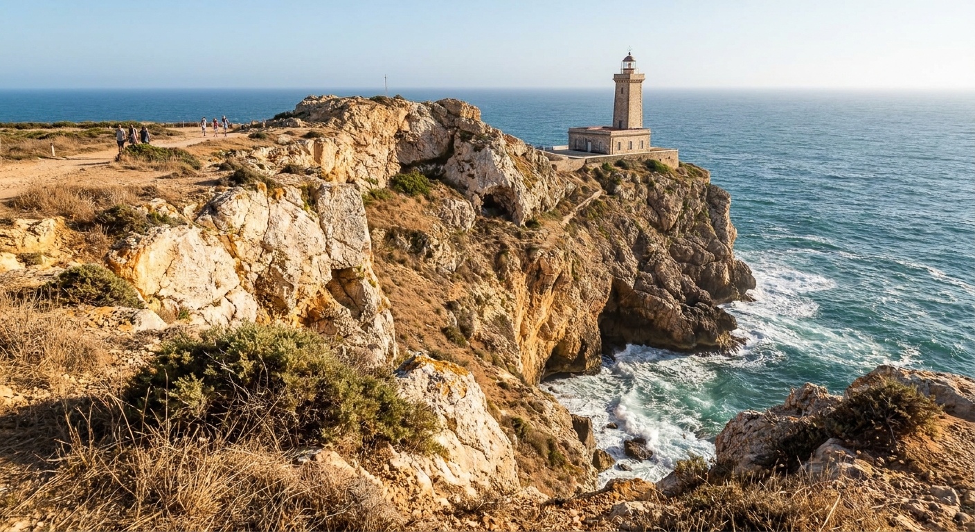 Cliffs and a lighthouse on a headland above the open Atlantic at Cabo de São Vicente