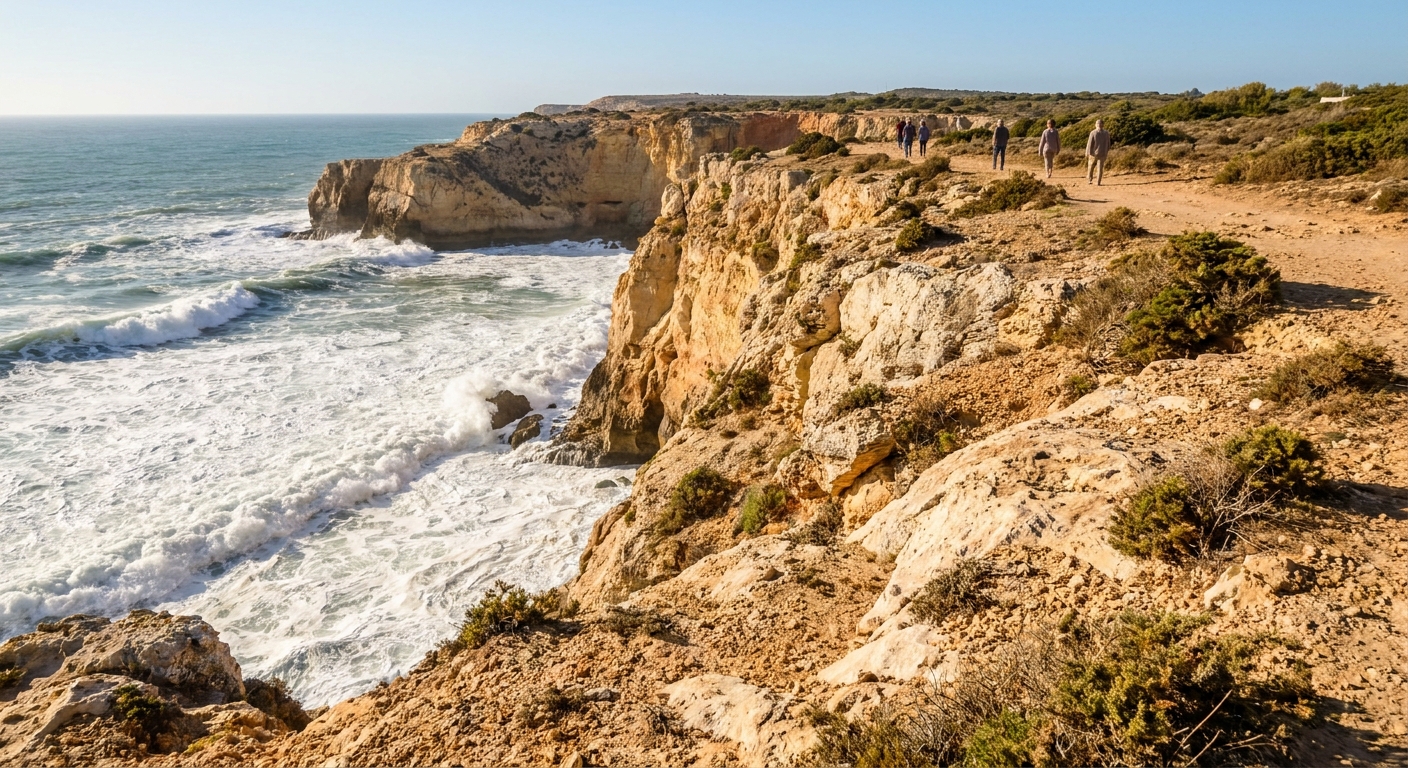 Waves breaking below the cliffs at Cabo de São Vicente near Sagres, Portugal
